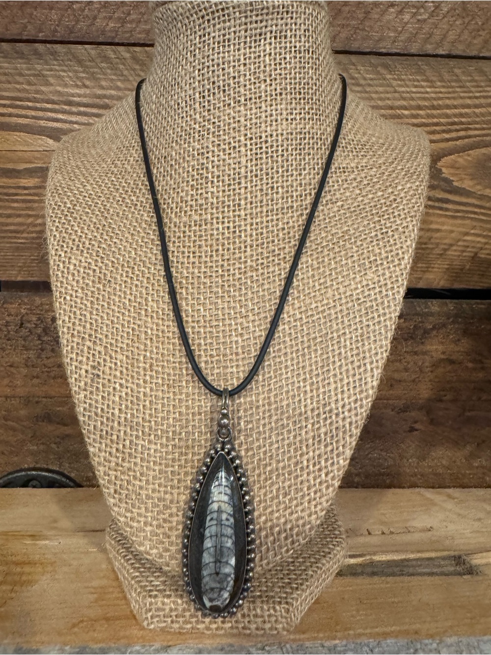 Vintage Orthoceras Teardrop Pendant Necklace - Black, Gray, Cream - Picture 2 of 4